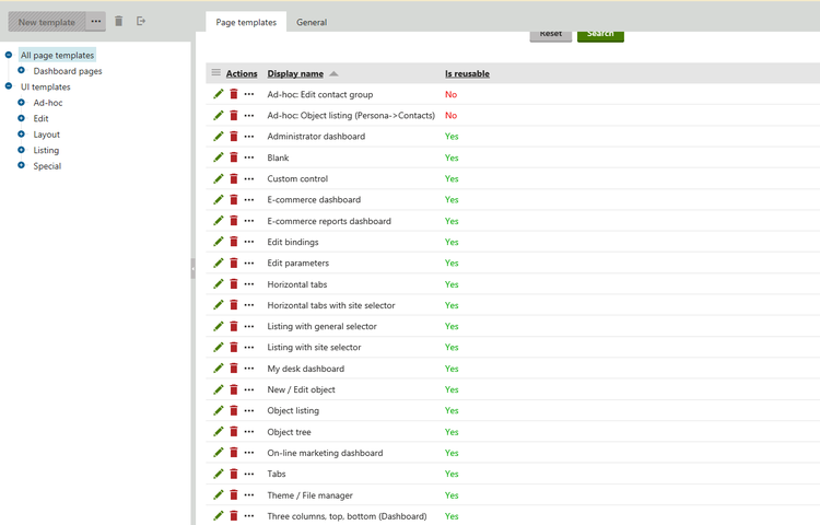 Kentico template selection page with folder structure on the left-hand side and list of template names on the right.