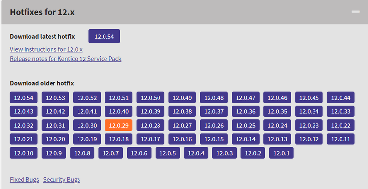 Kentico list of hotfix releases labeled by number.