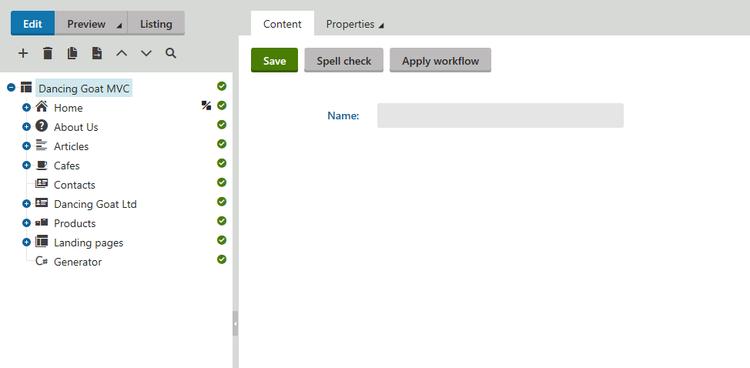 Kentico screen showing site structure on the left-hand side and options to save, spell check, or apply workflow on the right.