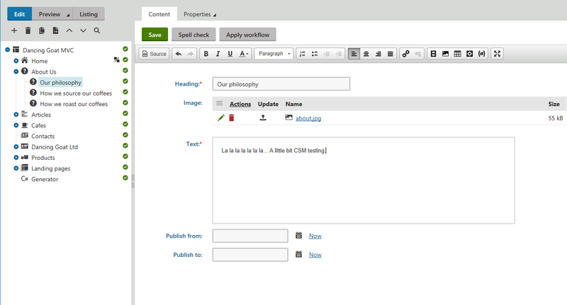 Kentico screen showing site structure on the left-hand side and page editing input forms on the right.