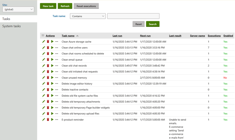 Kentico list of tasks with information on last run date, next run date, number of executions, etc.