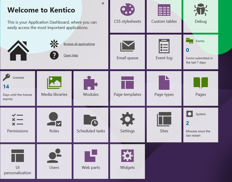 Kenitco's customizable dashboard in a tile format to have shortcuts to different site areas.