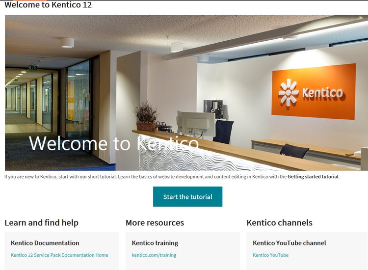 Kentico support page showing options to read documentation, receive training, and watch YouTube tutorials.