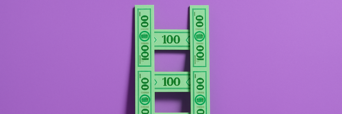 A ladder made of green play money against purple background.