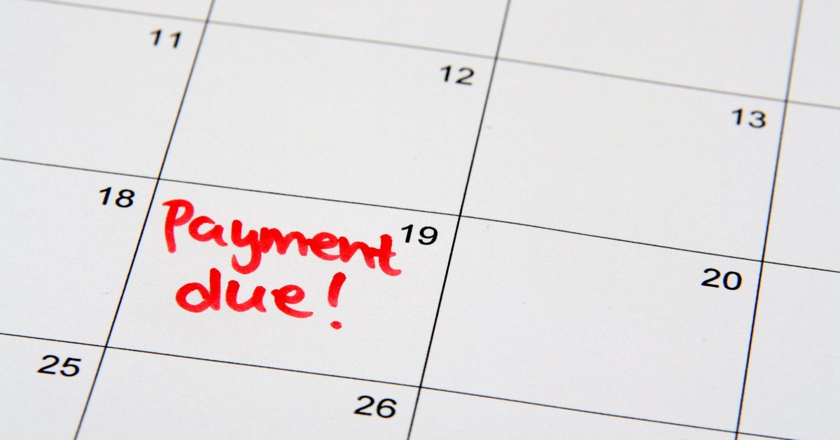 Calendar page that reads payment due on the 19th.