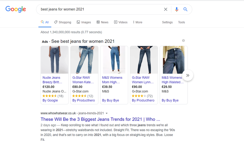 The results of a Google Search for the phrase best jeans for women 2021.