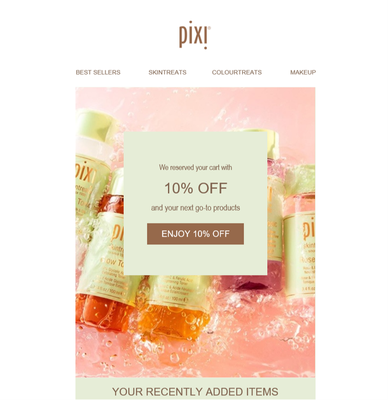 A cart abandonment email from Pixi with a 10% discount code.