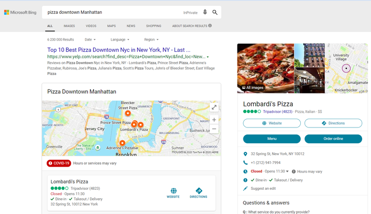 Screenshot of the Bing search results page showing local results via TripAdvisor.