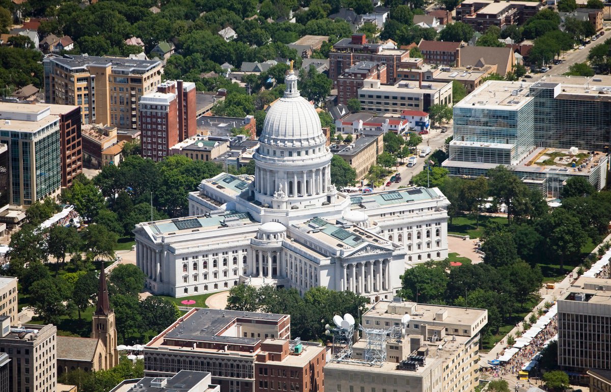 Aerial view of Wisconsin State Capitol in Madison.