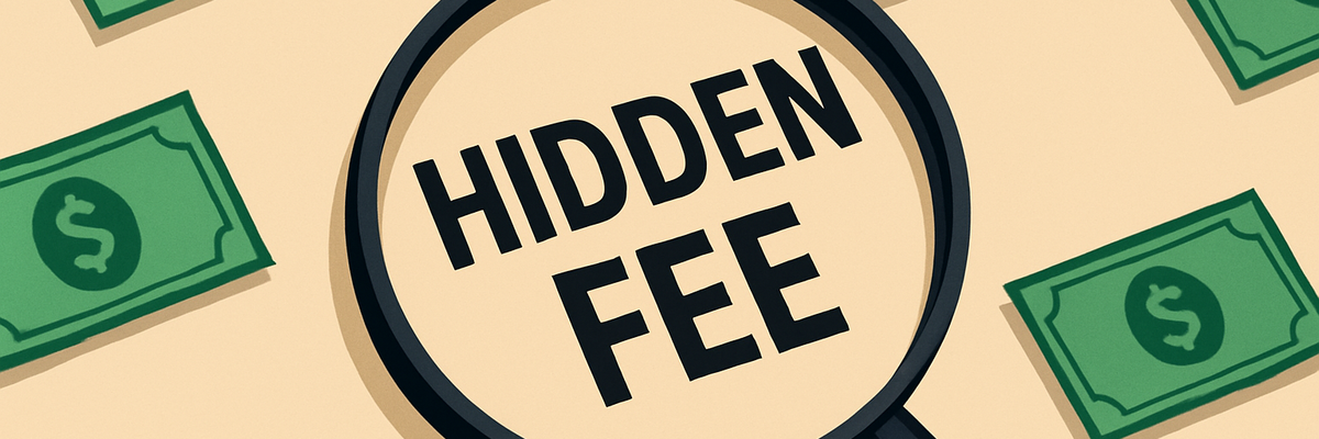 A magnifying glass over words "hidden fee" with dollar bills in background.