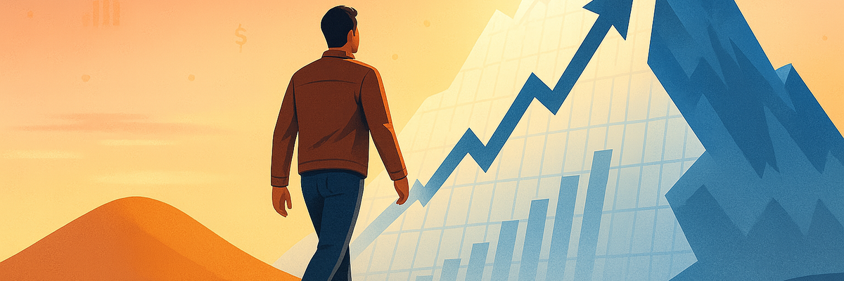 A man walking towards an upward trending line chart on mountain landscape.