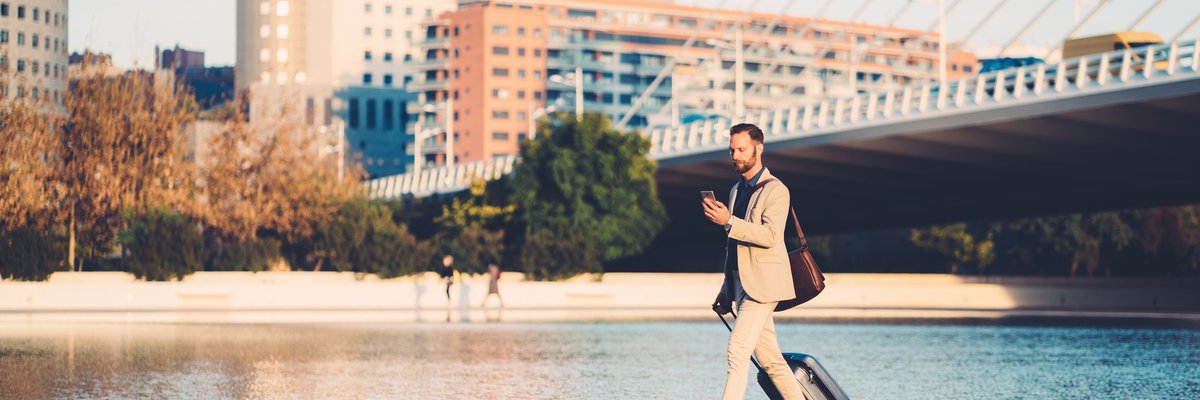 A person with a suitcase walking along a river in the middle of a city.