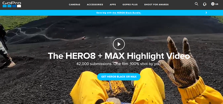 Screenshot of GoPro's landing page promoting the Hero8 and Max.