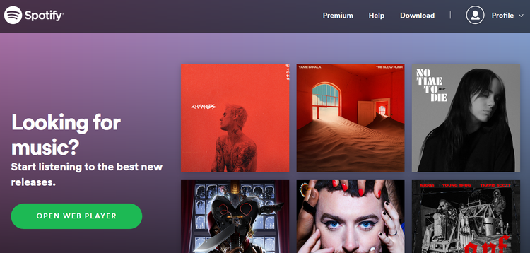 Screenshot of Spotify's landing page promoting different musical artists.