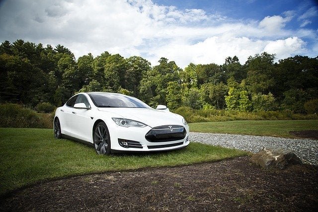 White Tesla on grass next to a gravel road.