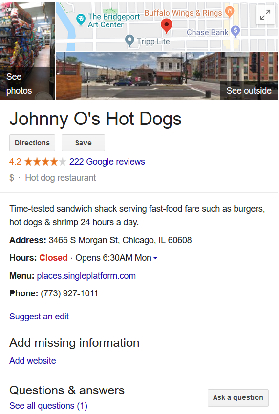 Example of a Google My Business profile snippet from a search result showing hours, contact information, location, etc.