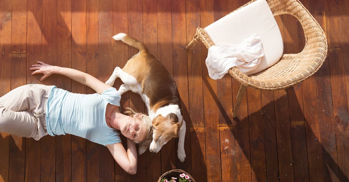 mature woman lying down on deck with her head resting against a beagle -- pet dog owner
