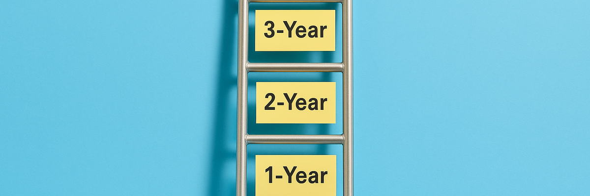 A metal ladder with rungs labeled 1-year, 2-year, and 3-year on a blue background.