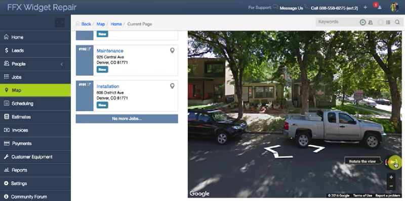 mHelpDesk street view with tiles to select an address and a Google Maps street view screen of the location.