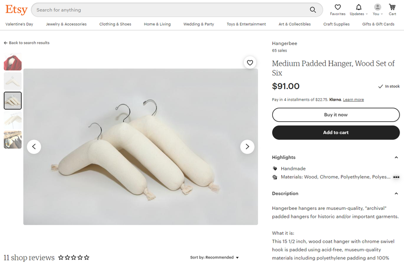 An Etsy seller’s page showing three handmade padded clothing hangers on sale for $91.