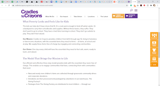 A screenshot of Cradles to Crayons mission statement from their website.