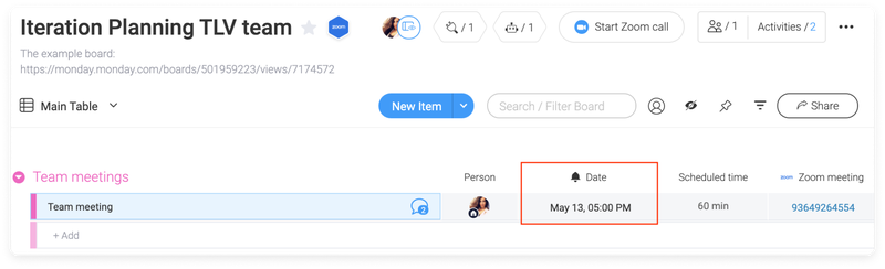 A monday.com project management board with Zoom meetings displayed on it.