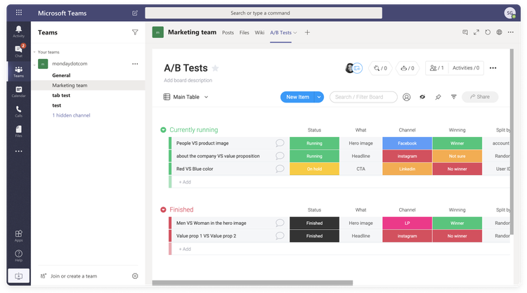 A view of a monday.com project management board from within the Microsoft Teams app.