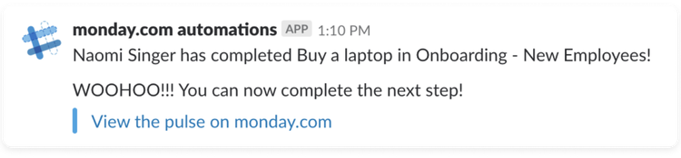 An automated message in Slack informing a user about an update to tasks in monday.com.