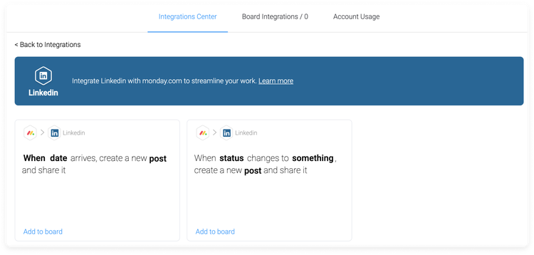 monday.com’s LinkedIn integration showing customizable rules for sharing posts.