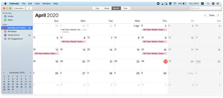 A calendar app with monday.com tasks highlighted in red.