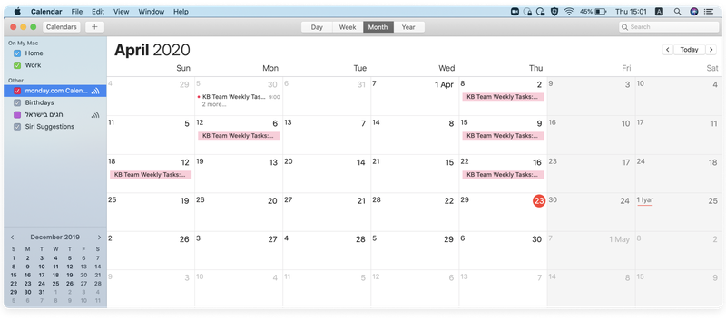 A calendar app with monday.com tasks highlighted in red.