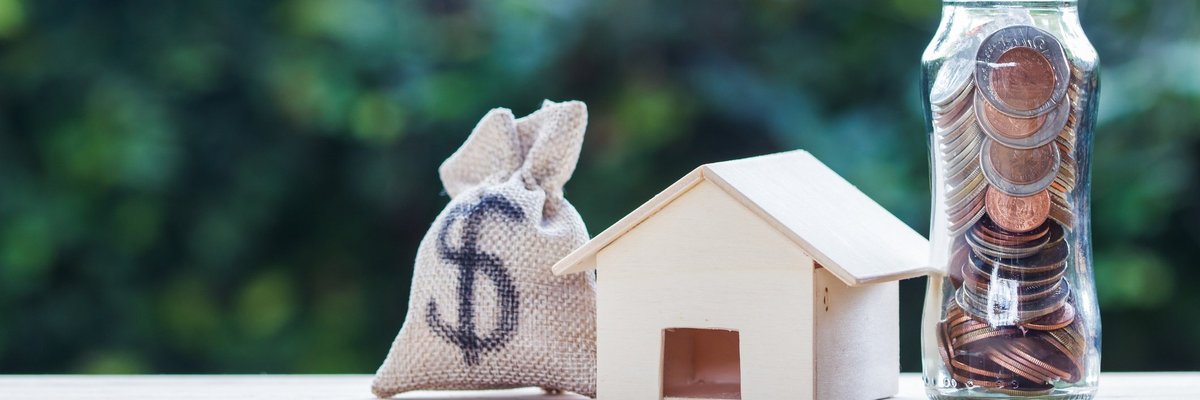 money bag, house, and jar of coins