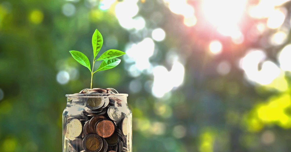 Jar of coins with a plant growing out of it