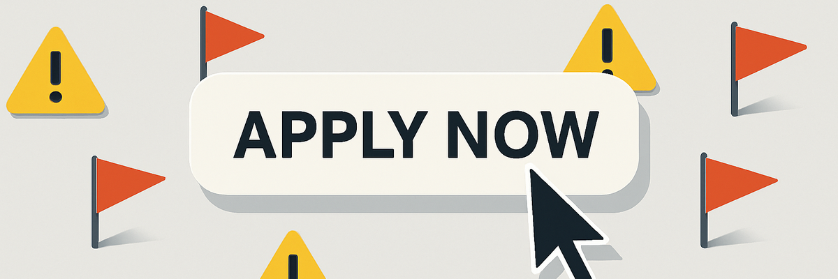 A mouse cursor hovering over "apply now" button with red flags and yellow warning signs background.