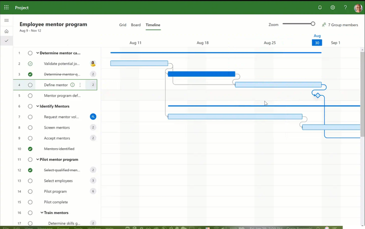 Project tracking screen in Microsoft Project