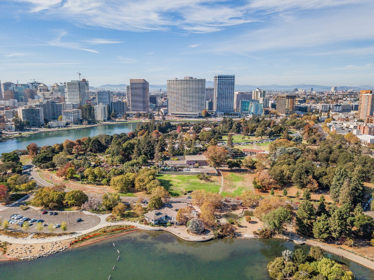 Oakland, California, with lake in foreground.