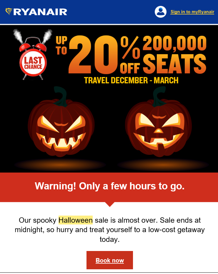 A Halloween-themed email marketing campaign from Irish airline Ryanair promoting up to 20% off its flights.