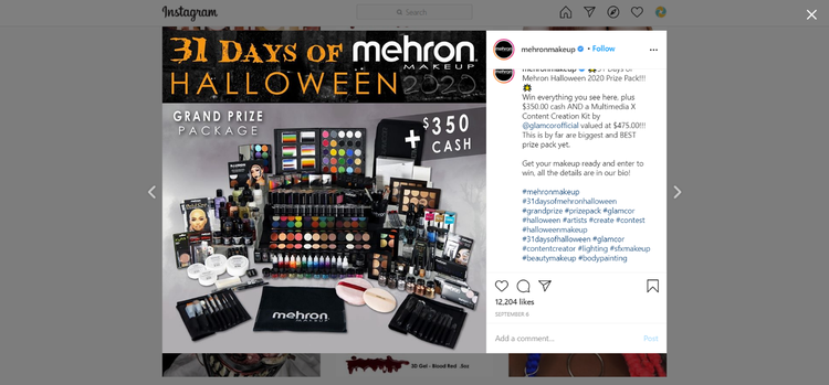 An Instagram post from Mehron Makeup that promotes a Halloween contest it’s running.