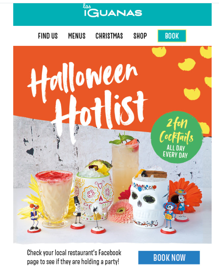 An advertisement from Latin American restaurant chain Las Iguanas promoting its Halloween and The Day of the Dead events.