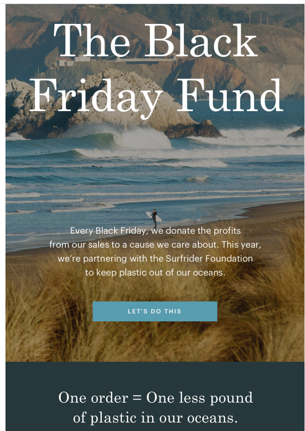 An email marketing newsletter from Everlane explaining it donates its Black Friday profits to charity.