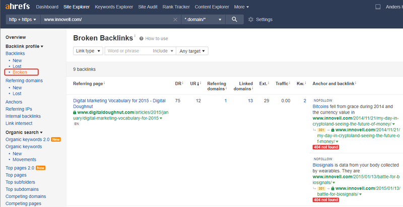 Screenshot from Ahrefs showing broken backlinks.