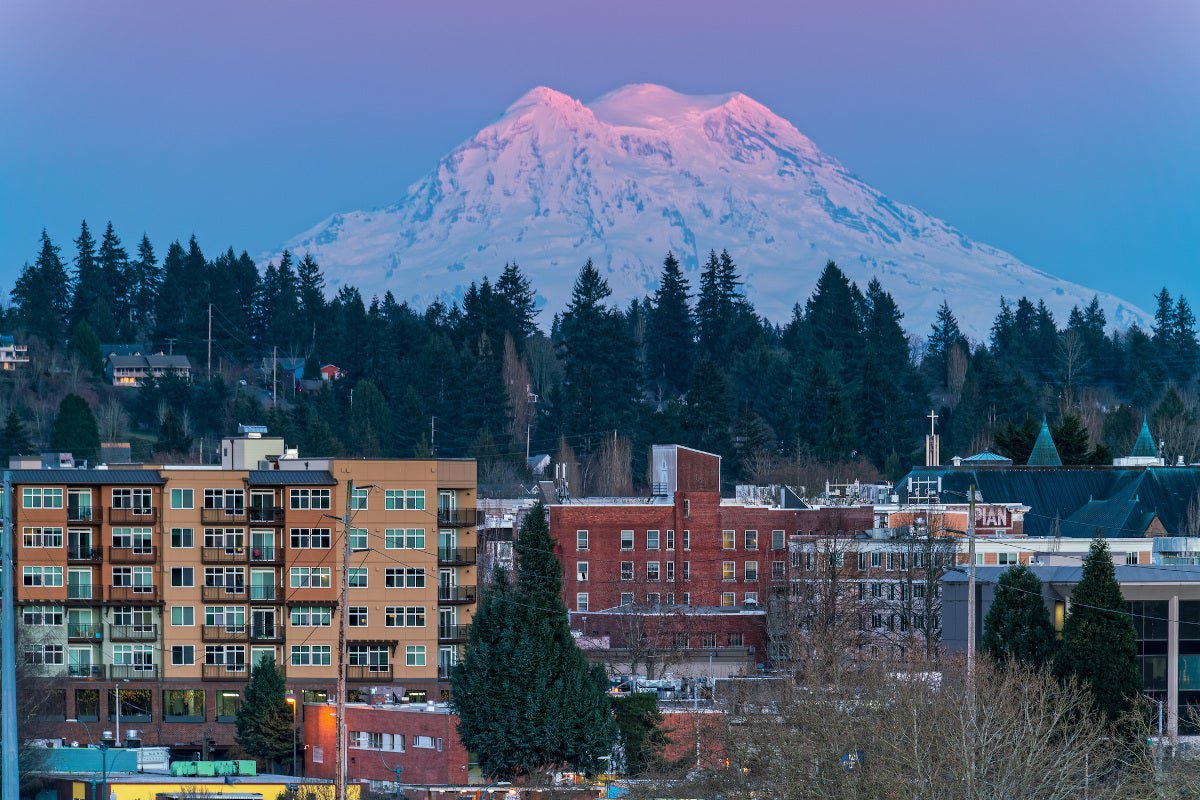 Olympia, Washington with mountains in background.