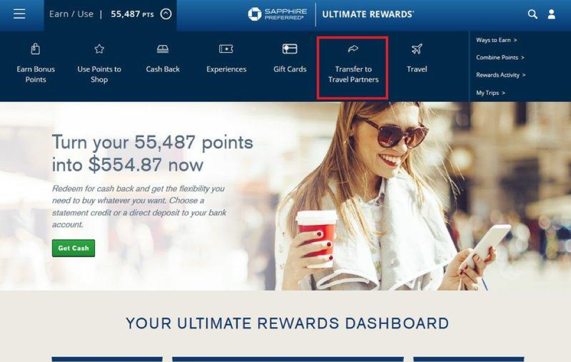 Chase website with "transfer to travel partners" link highlighted