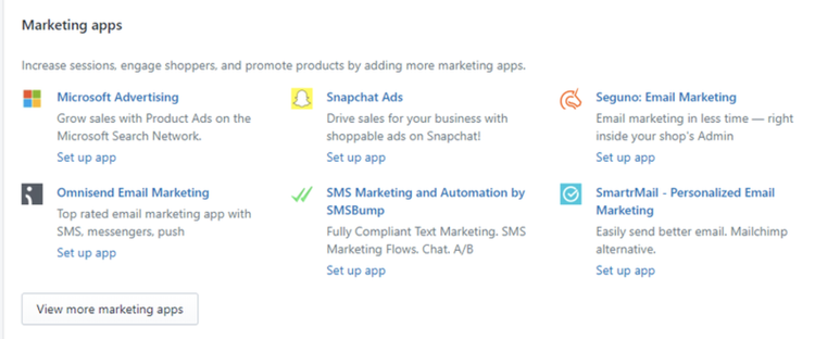 A screenshot of Shopify's marketing integrations for online shops.