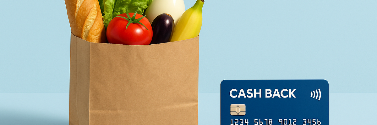 A paper grocery bag with groceries sticking out top next to generic cash back credit card on blue background.