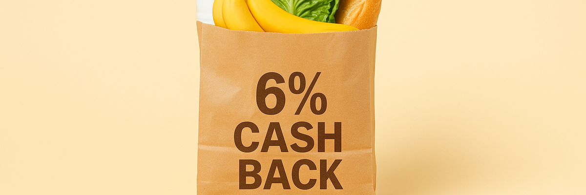 A paper grocery bag with milk, eggs, bread, and bananas inside and 6% cash back written on the bag.