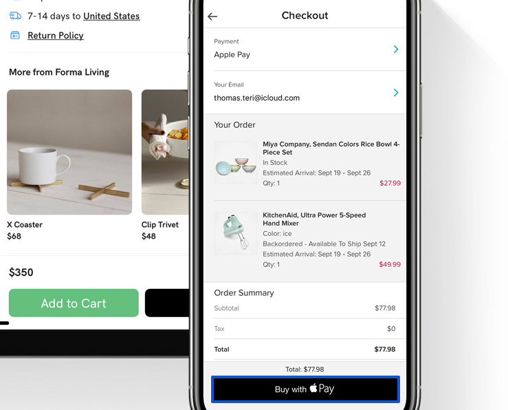 An image showing a checkout page and the purchase process using Apple Pay.