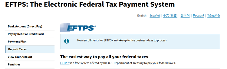 A screenshot of the IRS EFTPS webpage.