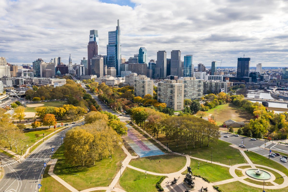 Philadelphia, Pennsylvania, with park in foreground.