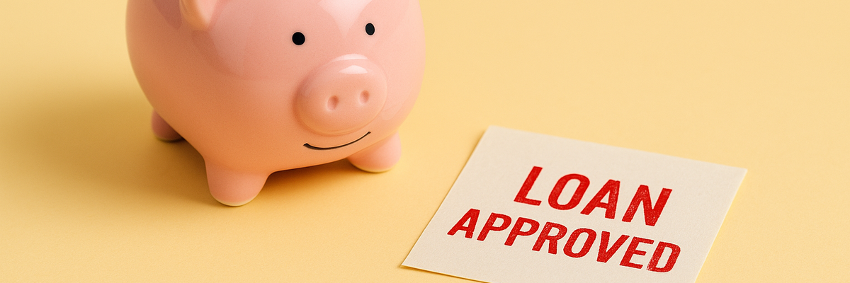 A piggy bank next to piece of paper with "loan approved" stamped on it on a yellow background.